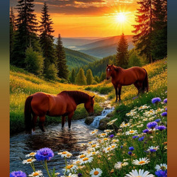 Пазл: Лошади у горной речки
