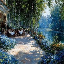 Пазл: Банкет у озера среди пышных деревьев