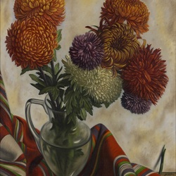 Пазл: Натюрморт с хризантемами в стеклянной вазе