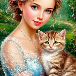 Пазл: Девушка с котенком