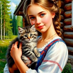 Пазл: Девушка с котенком