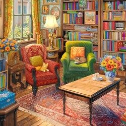 Пазл: Книги и кошки