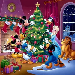 Пазл: Герои мультфильмов наряжают ёлку 