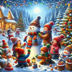 Пазл: Дети лепят снеговика 