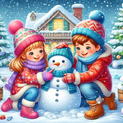 Пазл: Дети лепят снеговика