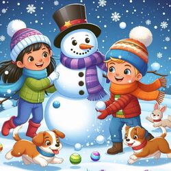 Пазл: Дети лепят снеговика