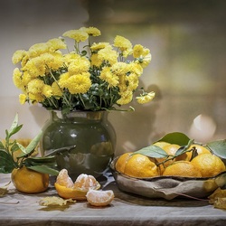 Пазл: Хризантемы и мандарины