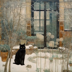Пазл: Черный кот в зимнем саду