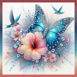 Пазл: Бабочка , колибри и гибискус