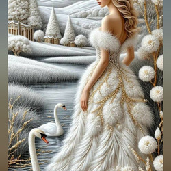 Пазл: Девушка и лебеди