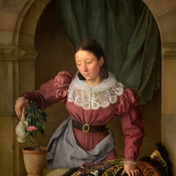 Пазл: Девушка, поливающая цветок 