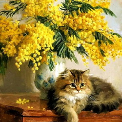 Пазл: Букет мимозы и кот