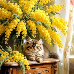 Пазл: Букет мимозы и кот