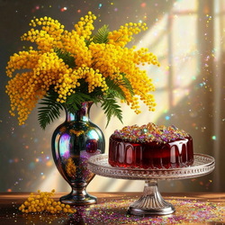 Пазл: Букет мимозы и торт