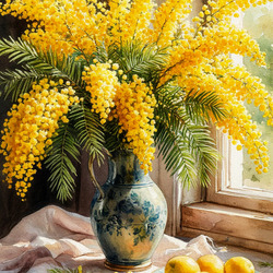 Пазл: Букет мимозы и фрукты