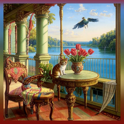 Пазл: Кот и тюльпаны