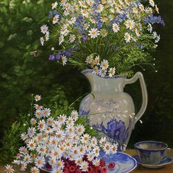 Пазл: Ромашки в фарфоровой гжели