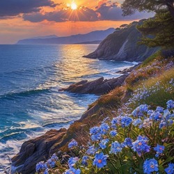 Пазл: Голубые цветы на закате