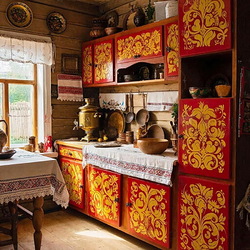 Пазл: Хохломская роспись в интерьере кухни