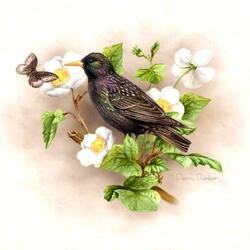 Пазл: Цветы и птичка