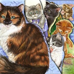 Пазл: Кошка и пять котят