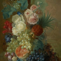 Пазл: Натюрморт с цветами, фруктами и птичкой