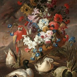 Пазл: Натюрморт с цветами, утками и попугаем