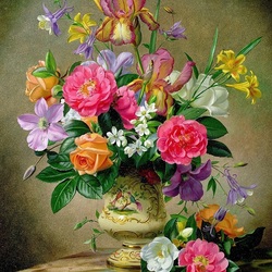 Пазл: Пионы и ирисы в керамической вазе