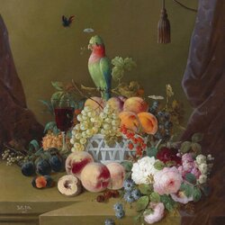 Пазл: Натюрморт с цветами, фруктами, бабочкой и попугаем