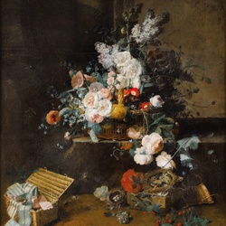 Пазл: Натюрморт с корзиной цветов и лентами