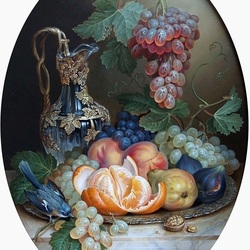 Пазл: Натюрморт с виноградом и персиками