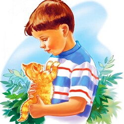 Пазл: Мальчик с котенком
