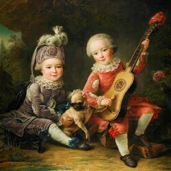 Пазл: Портрет Армана Луи II и Армана Луи Жана, играющих с мопсом