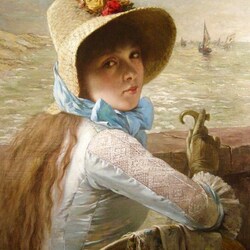 Пазл: Юная девушка на фоне морского пейзажа