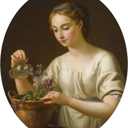 Пазл: Девушка, поливающая цветы в горшке