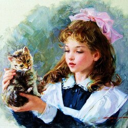 Пазл: Девочка и котенок
