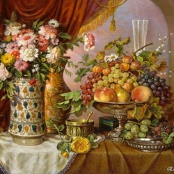 Пазл: Натюрморт с цветами и фруктами