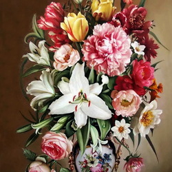 Пазл: Натюрморт с цветами и персиками