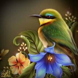 Пазл: Цветы и птичка