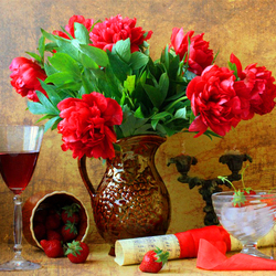 Пазл: Натюрморт с пионами и вином