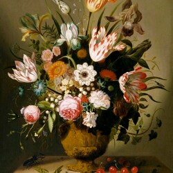 Пазл: Натюрморт с букетом цветов, ягодами и жуком