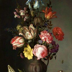 Пазл: Натюрморт с цветами, ракушками и насекомыми