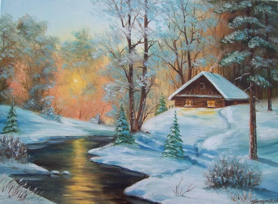 Картина домик в лесу зимой