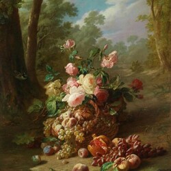 Пазл: Корзина фруктов и цветы на фоне пейзажа
