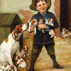 Пазл: Мальчик с щенками и котятами