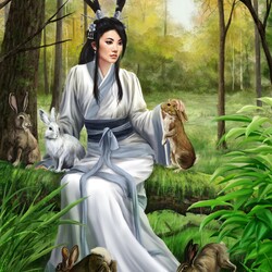 Пазл: Девушка и кролики